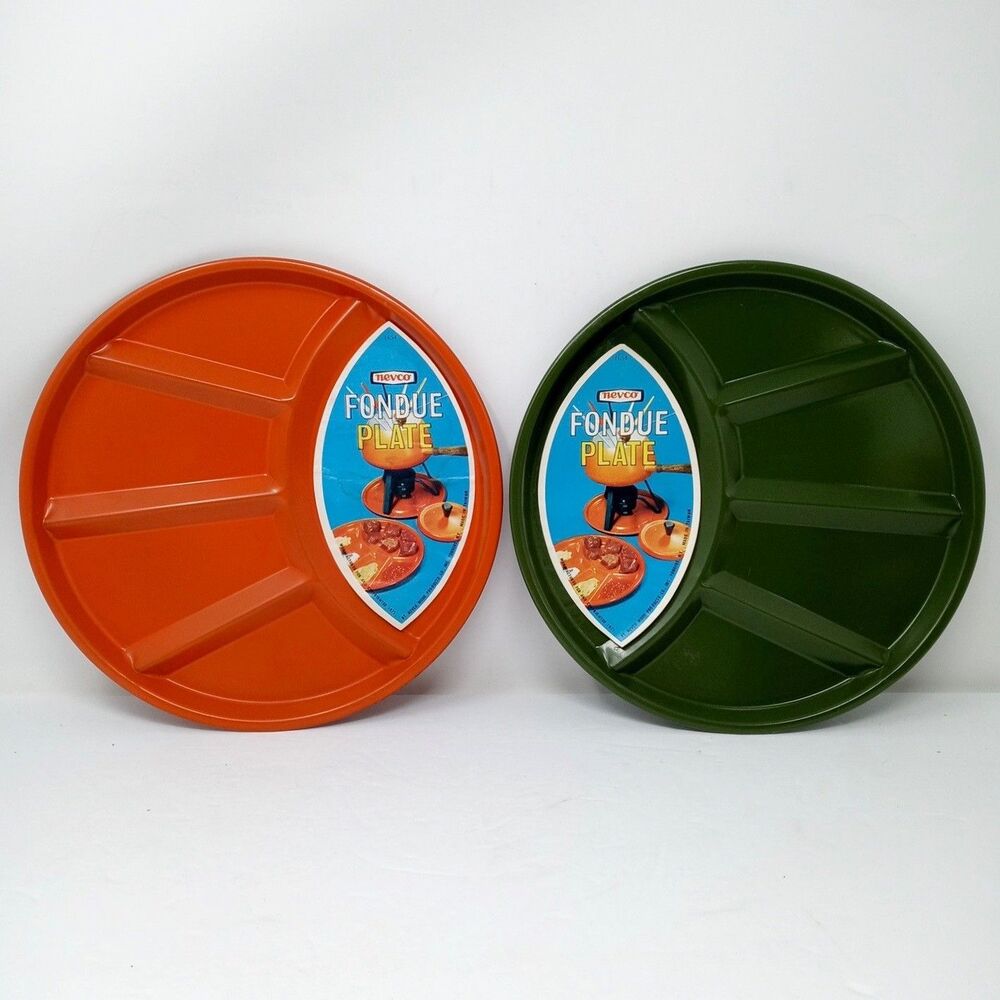 NEW Vintage 70s Nevco MCM Fondue Plates Divided Enamel 9.25" Orange & Green Set
